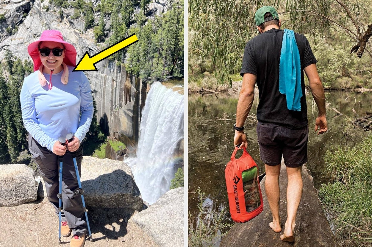 Two people outdoors; left: woman with hiking gear near waterfall; right: man near water holding a dry bag with a towel