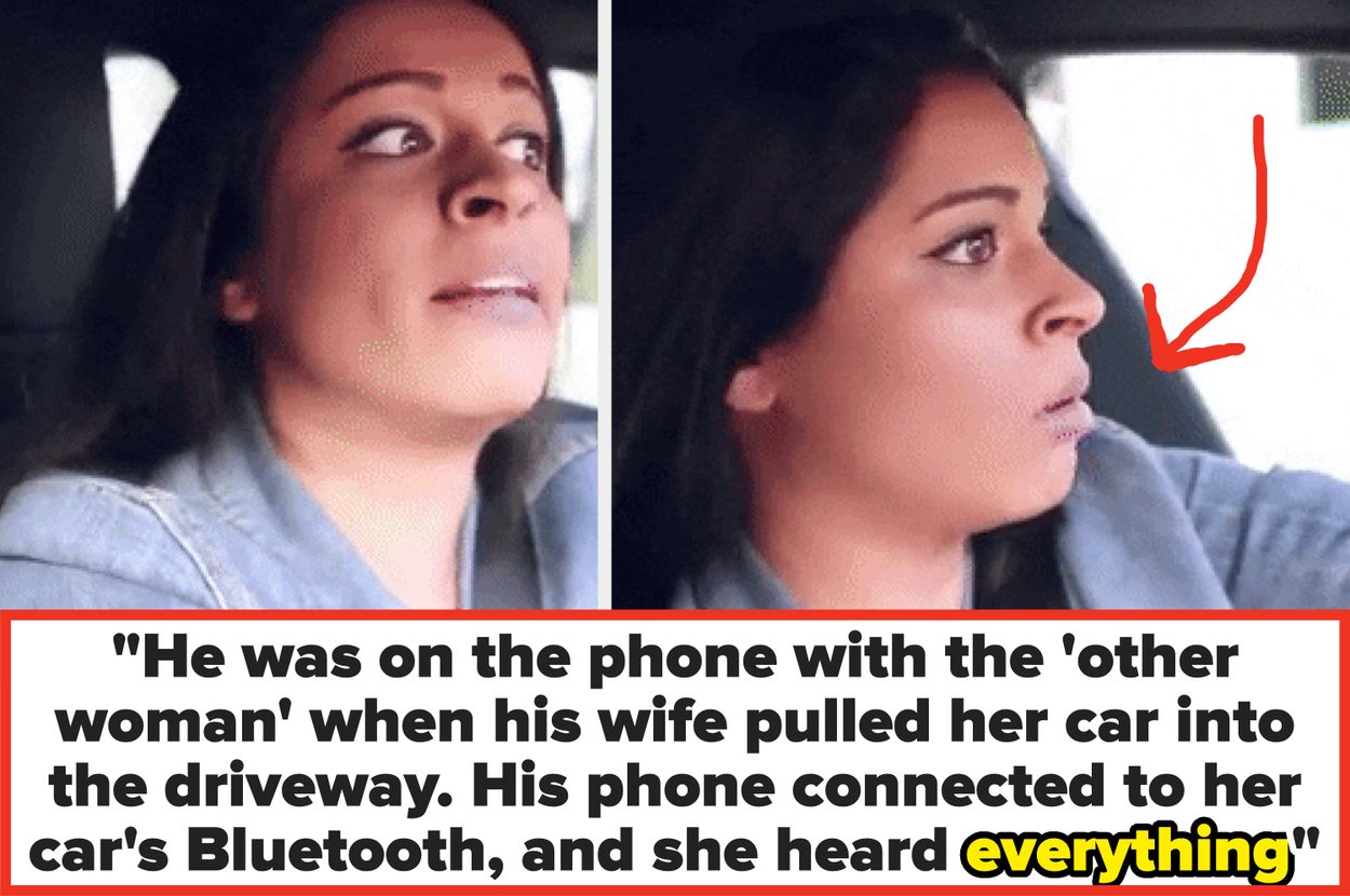 Two-panel image of a woman in a car, looking surprised. Text reveals a husband's phone call with another woman was broadcast through Bluetooth