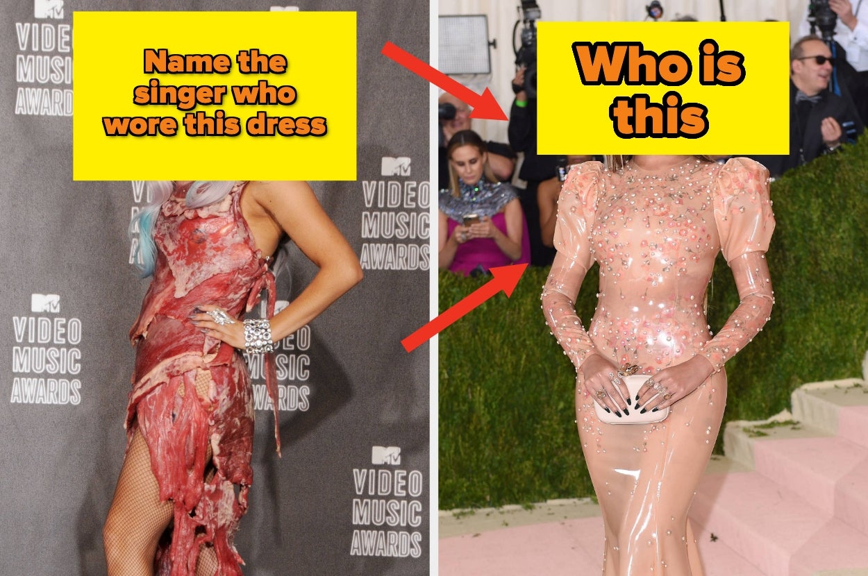 Lady Gaga wearing a meat dress vs Beyonce in a latex dress