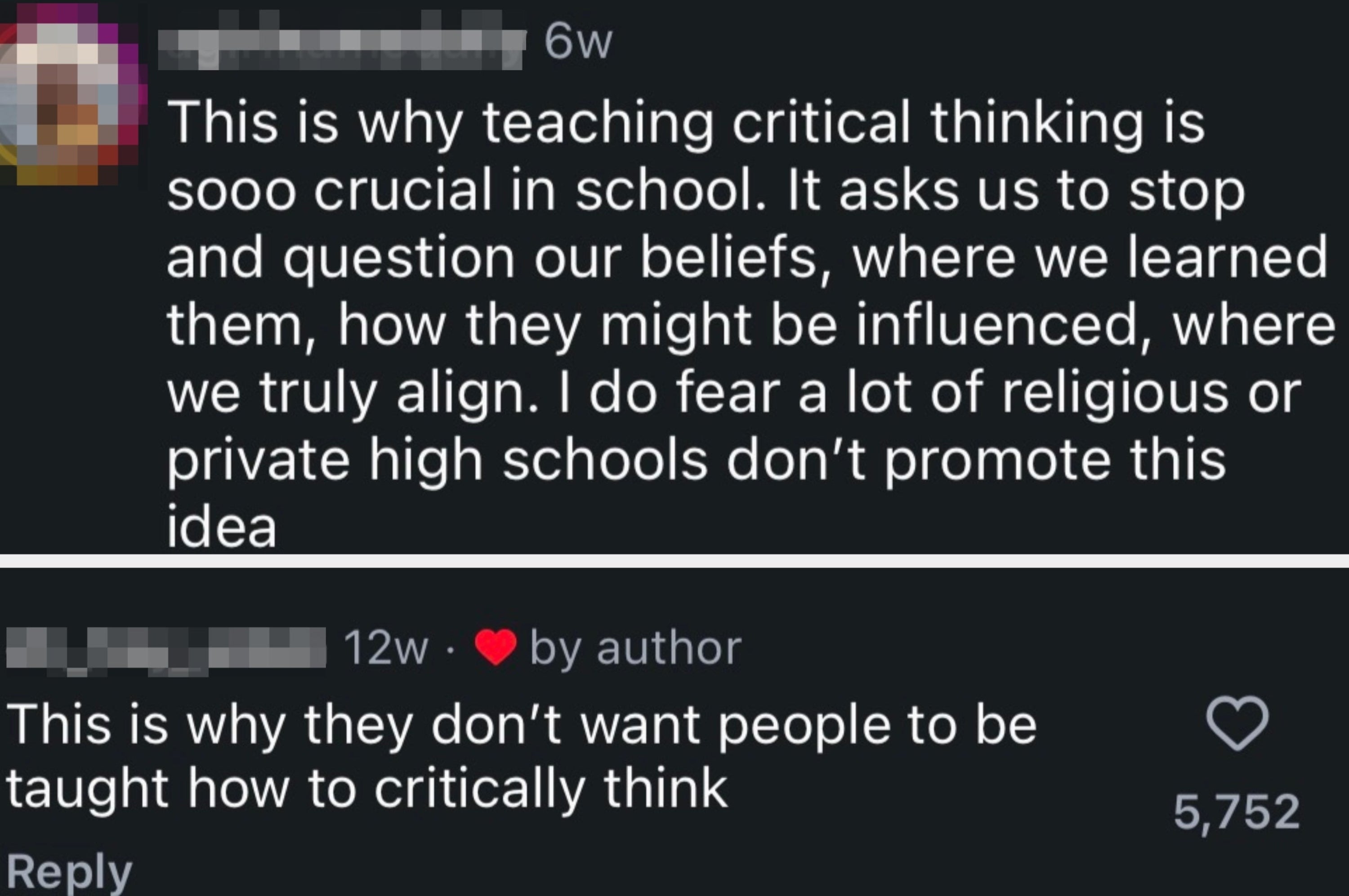 Comments on critical thinking, with users discussing its importance and lack of promotion in certain schools