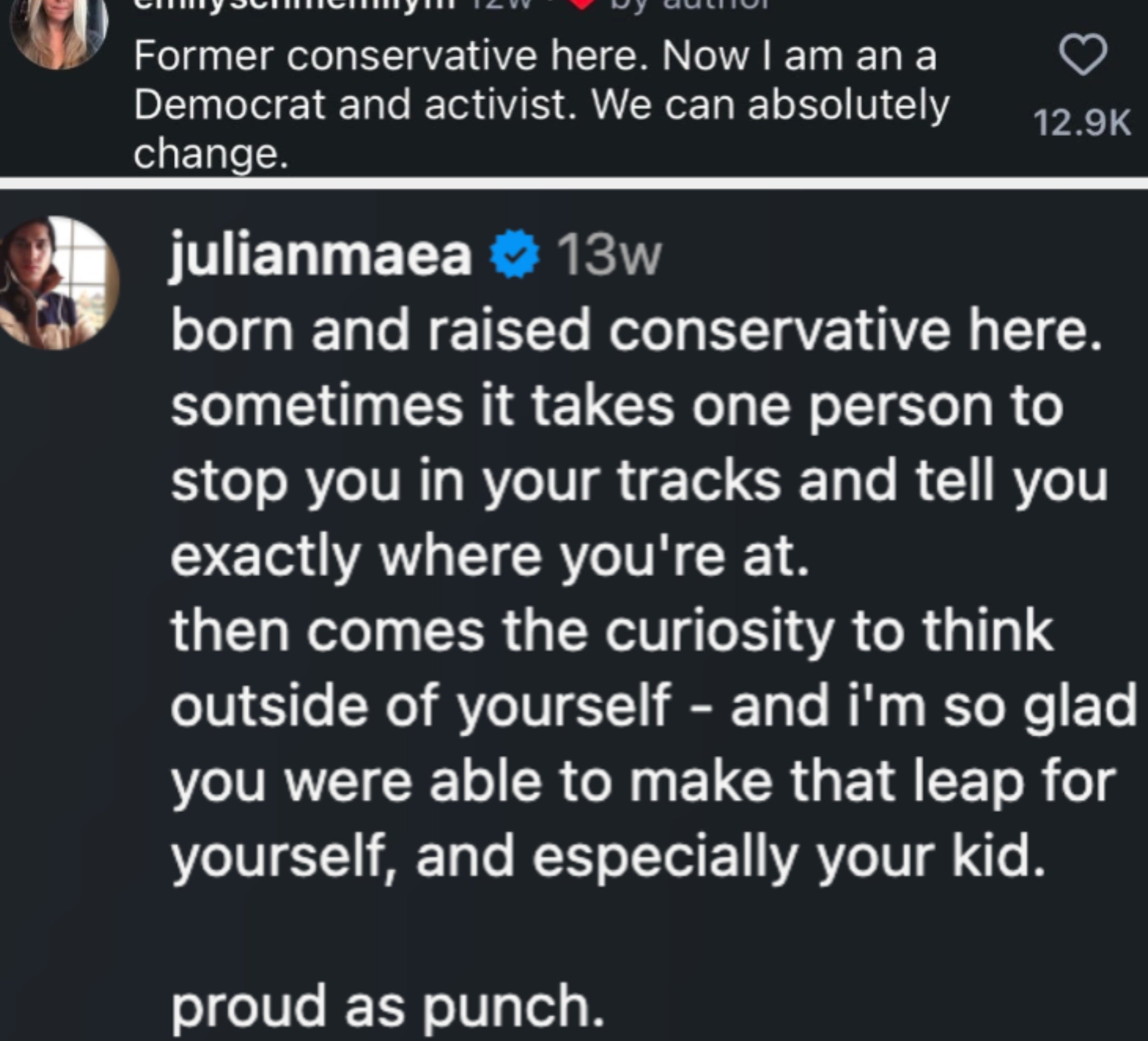 Screenshot of two social media comments discussing political transformation and the importance of open-mindedness