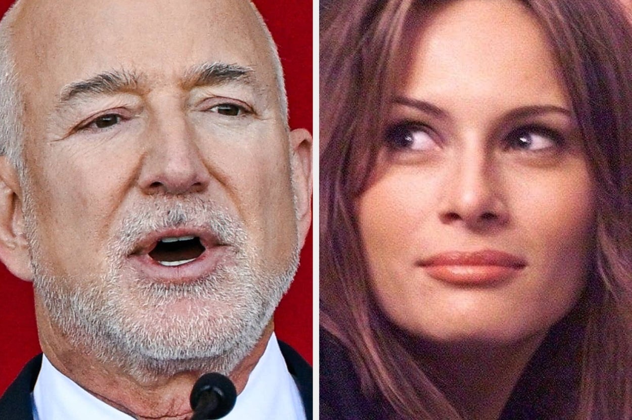 A man speaks at a podium; a woman looks to the side with a neutral expression