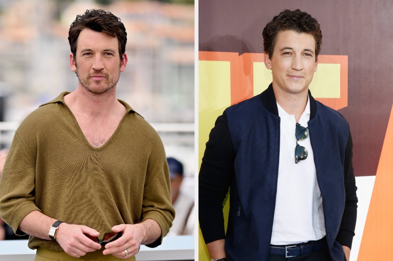 Two images side by side of a man. Left: Casual outfit with a V-neck top. Right: Smart-casual outfit with a jacket over a white shirt