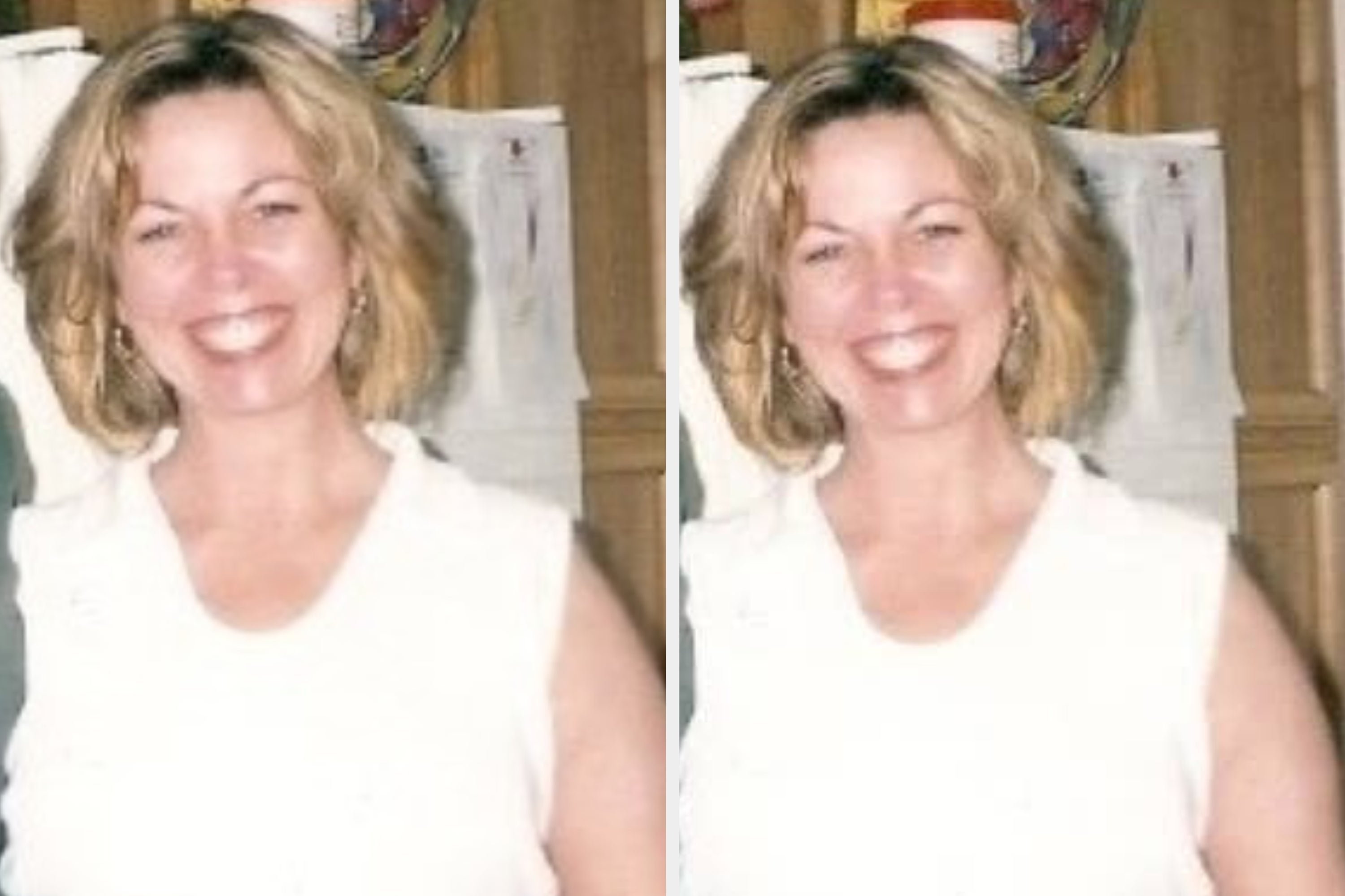 Two women are smiling in side-by-side photos. One is wearing a blazer and hoop earrings, while the other is in a sleeveless top indoors