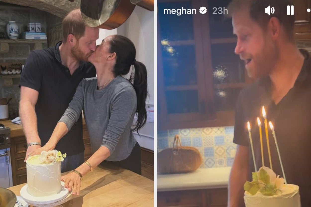 Two people share a kiss in a kitchen, standing next to a cake with a rose. The man is later shown surprised by the cake with lit candles