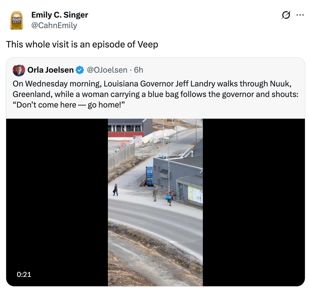 Screenshot of a tweet about Louisiana Governor Jeff Landry being followed by a shouting woman in Greenland
