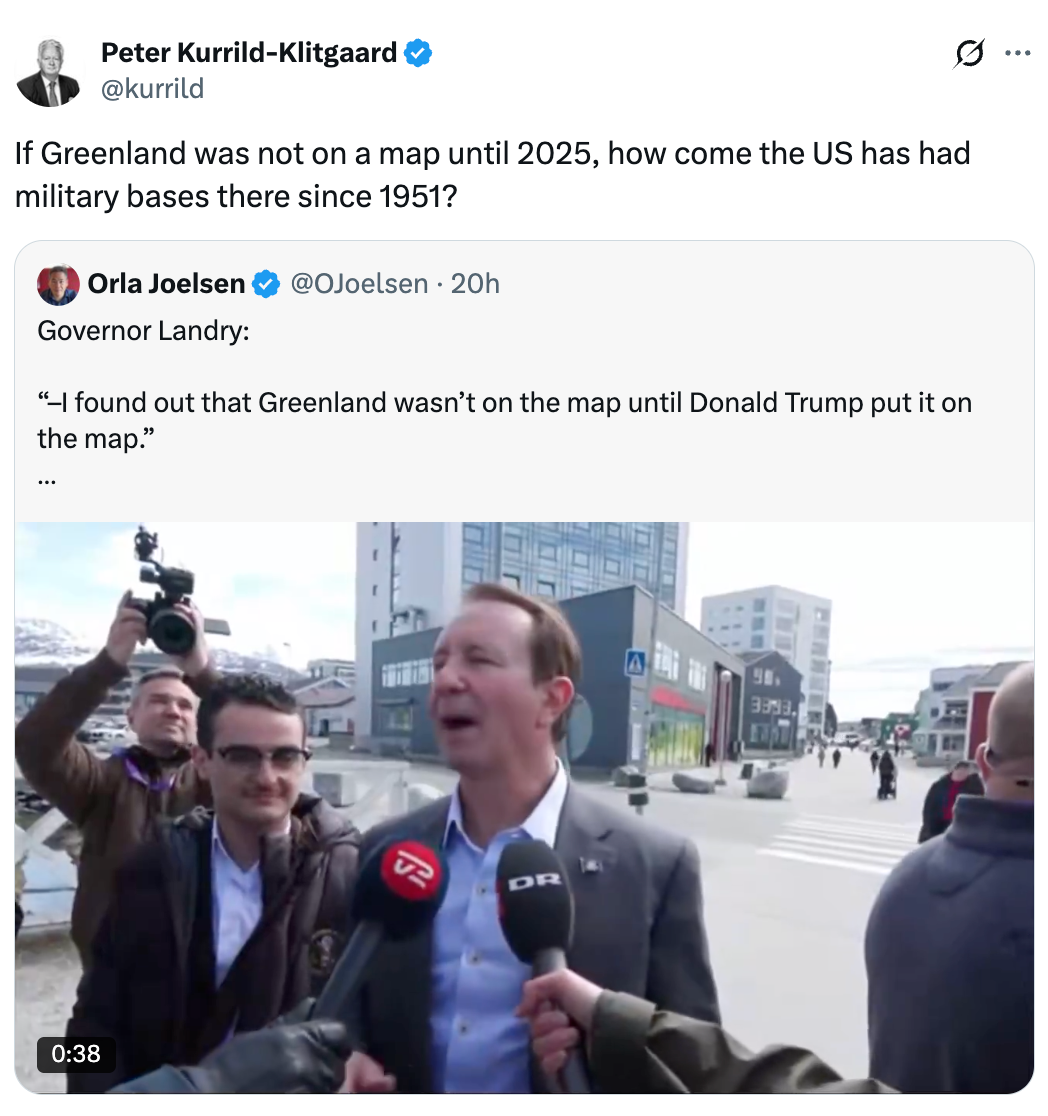 Screenshot of a tweet discussing a claim about Greenland's presence on a map, with a photo of a politician speaking to reporters