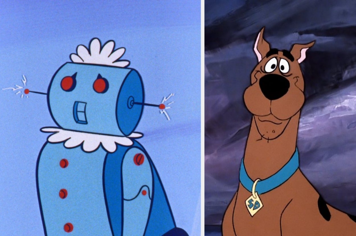 Animated characters Rosie the Robot from "The Jetsons" and Scooby-Doo from "Scooby-Doo" series are side by side