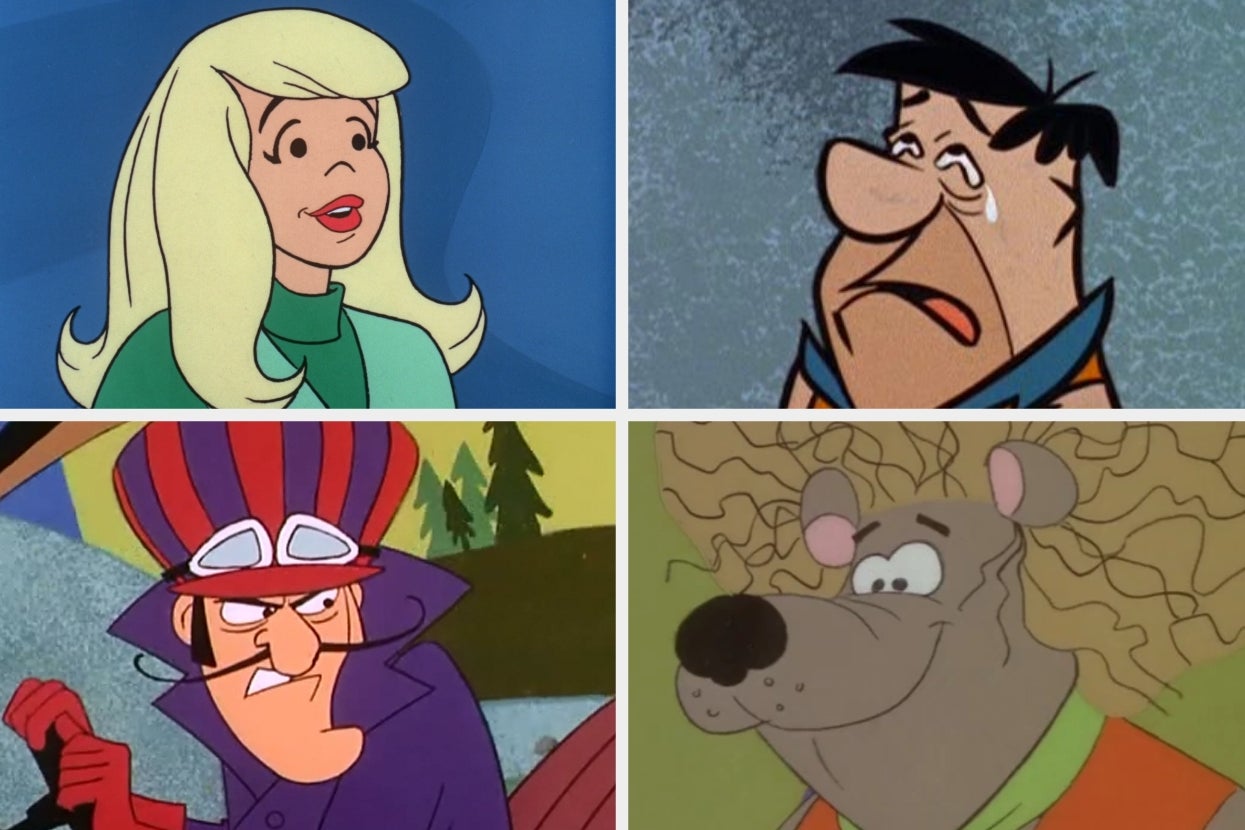 Animated characters from classic cartoons: a woman with blond hair, a man with a stubble chin, a villainous driver, and a dog with a curly mane