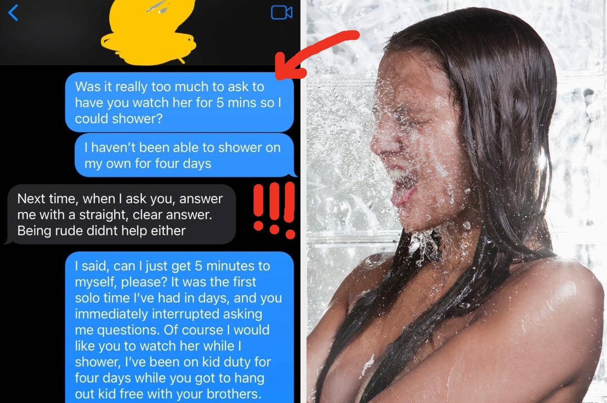 Text conversation next to an image of a person taking a shower. The conversation discusses difficulties in managing time for personal activities