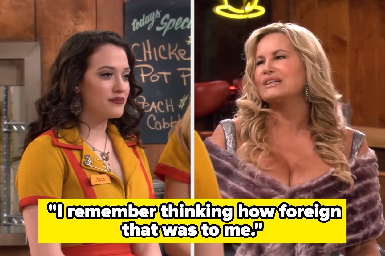 Two women in a workplace setting; one in a uniform, the other in glamorous clothing. A quote: "I remember thinking how foreign that was to me."