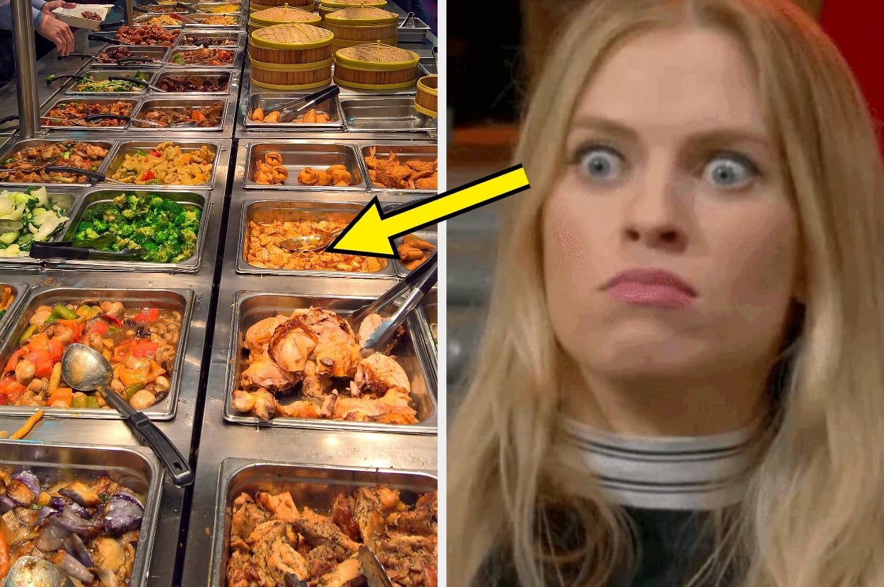Buffet with various dishes on the left; surprised woman on the right. Arrow points to a dish in the buffet