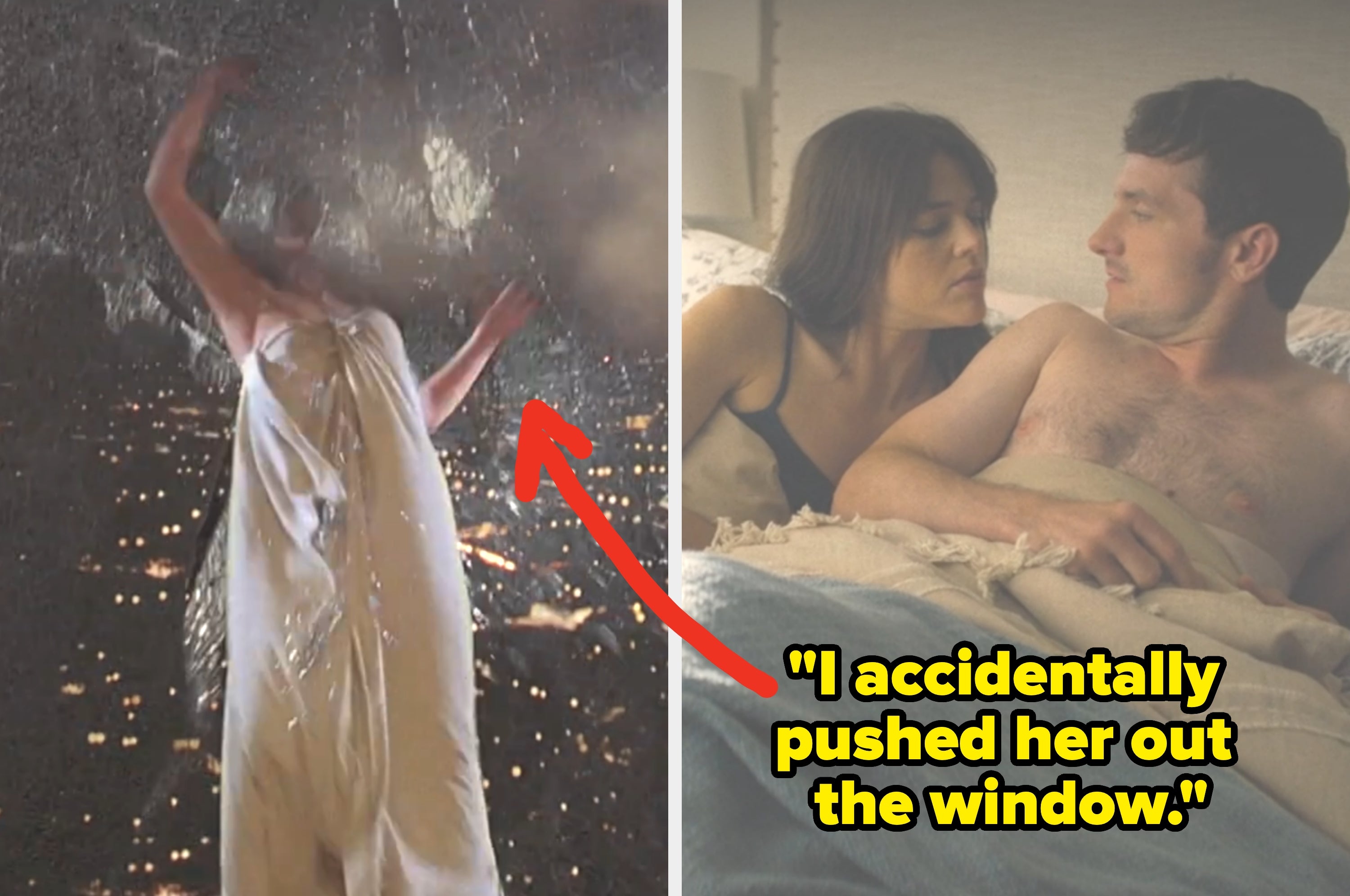 A woman in a toga dances under water; a couple in bed, woman looking at man. Quote: "I accidentally pushed her out the window."