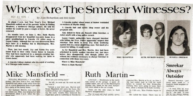 Newspaper nonfiction  from November 11, 1976, titled "Where Are The Smrekar Witnesses?" featuring Mike Mansfield, Ruth Martin, and Bill Smrekar