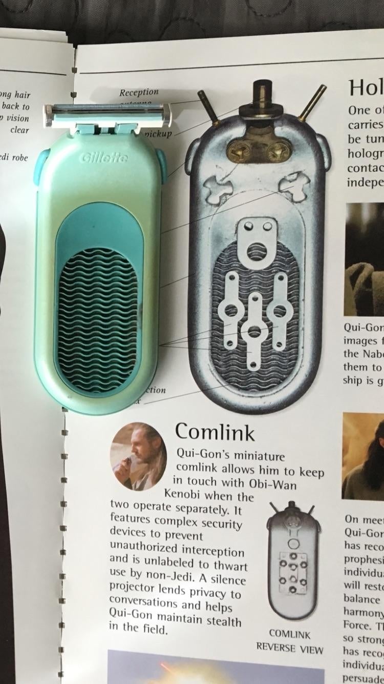 A razor modified to resemble a Star Wars comlink is displayed on an open magazine page with related text and images