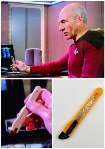 A man in a futuristic uniform is holding a wooden stick. Below are close-ups of the wooden stick and a similar yellow utility knife