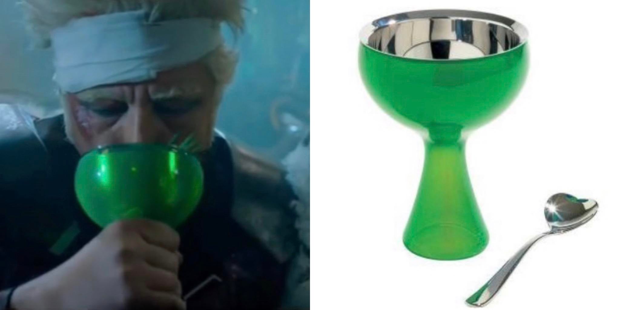 Person with head bandage sips from green cup; right side shows the same cup and a spoon