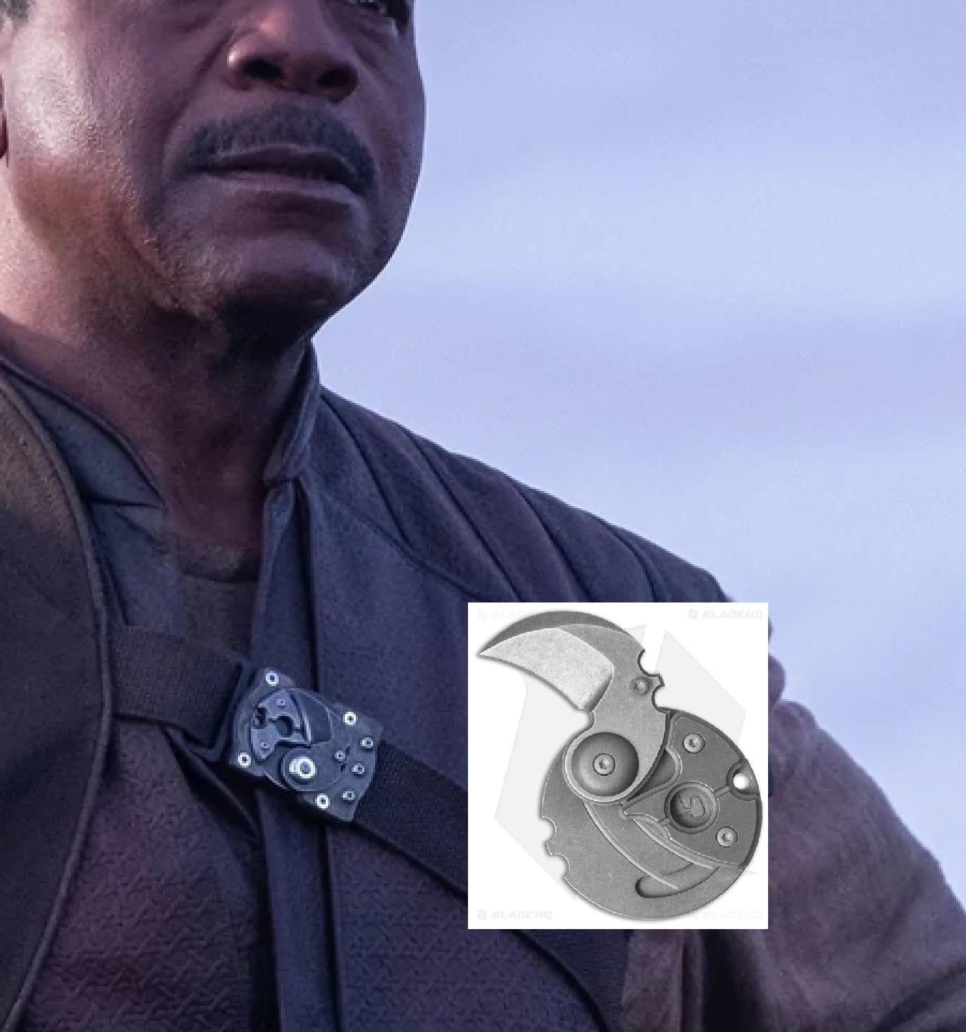 A person in a futuristic leather outfit with a small device attached to the chest, featuring a superimposed image of a multi-tool