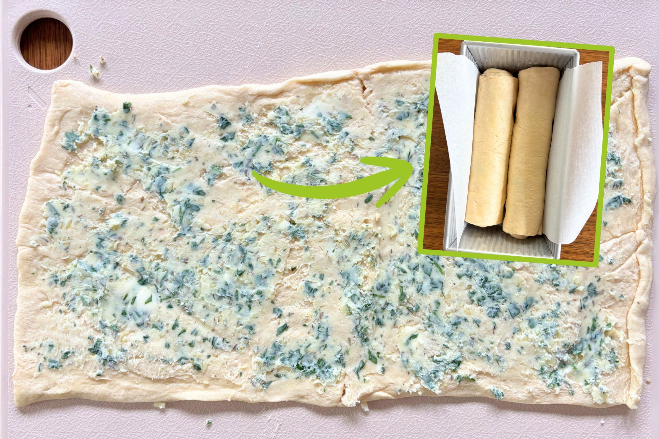Dough spread with garlic-herb butter, showing a rolled version ready for baking