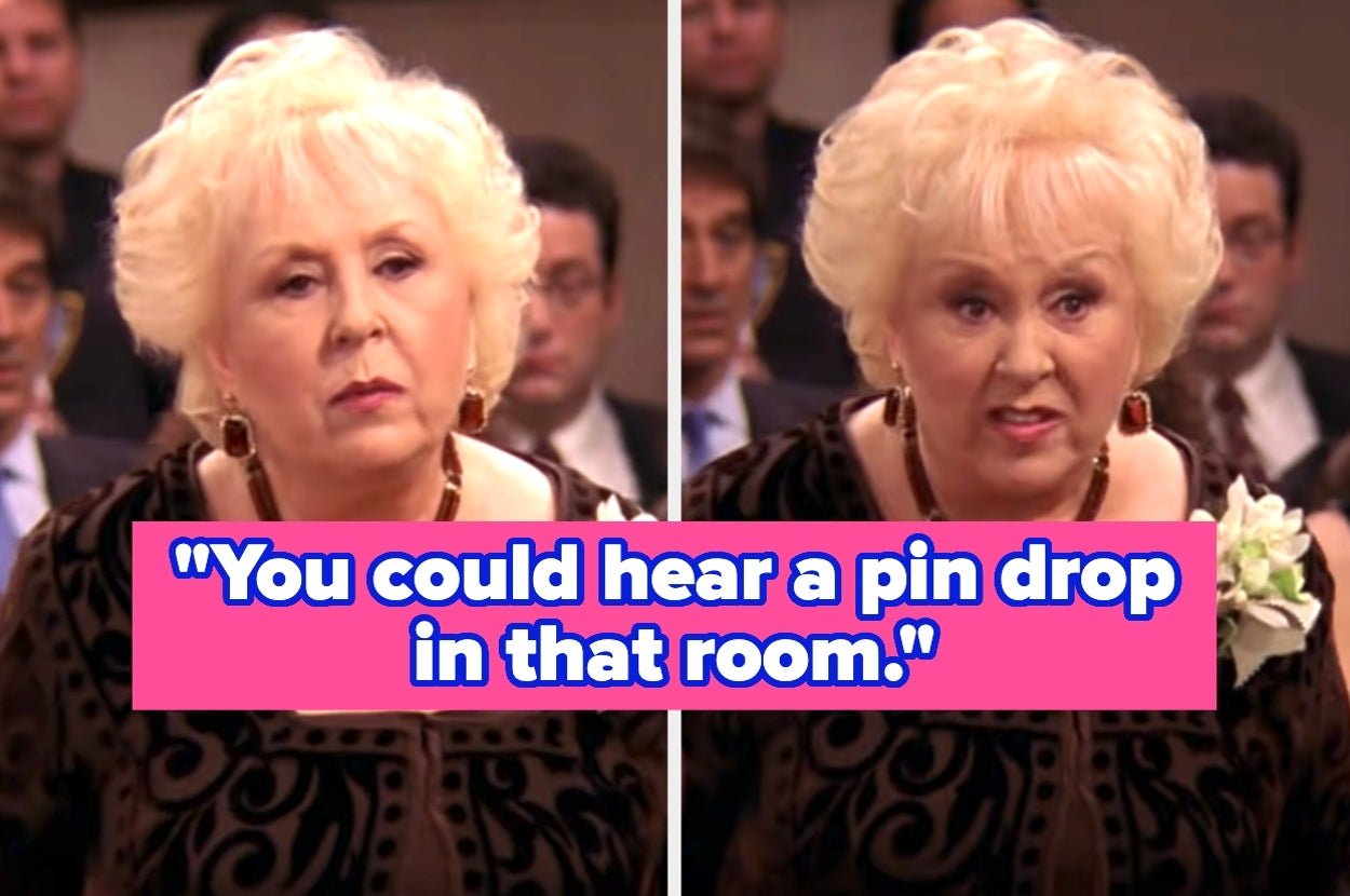 A person with short hair, wearing formal attire, is at a wedding. Text overlay: "You could hear a pin drop in that room"
