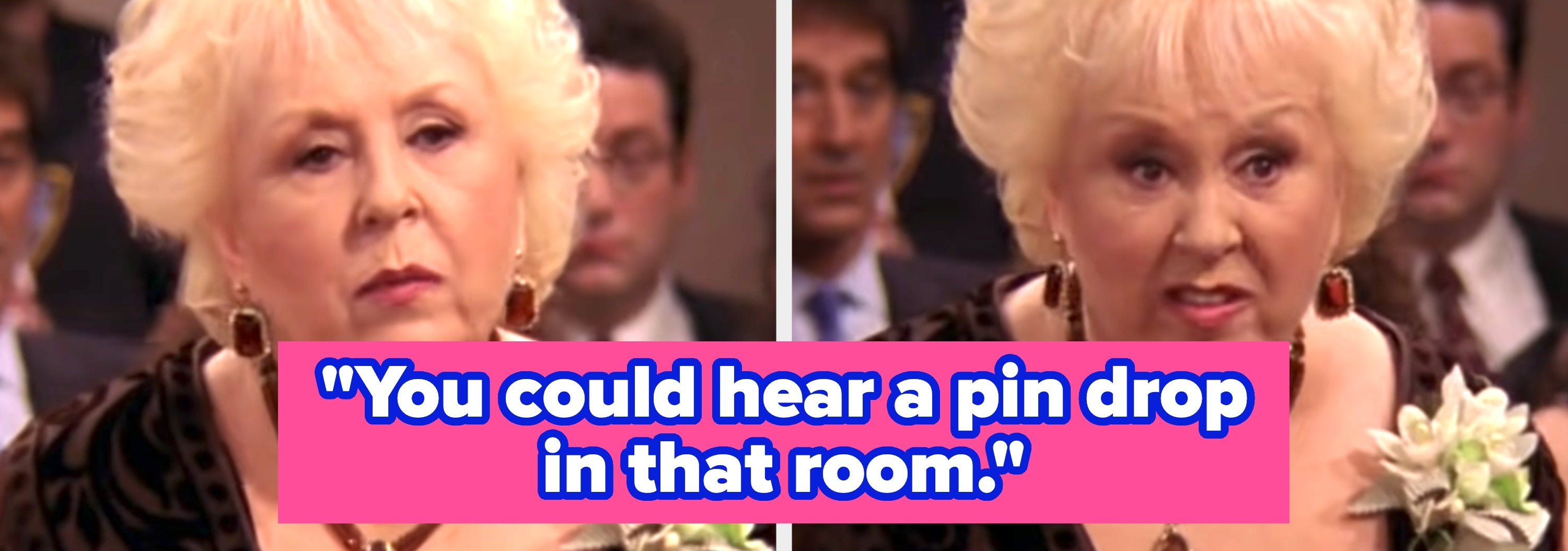 A person with short hair, wearing formal attire, is at a wedding. Text overlay: "You could hear a pin drop in that room"