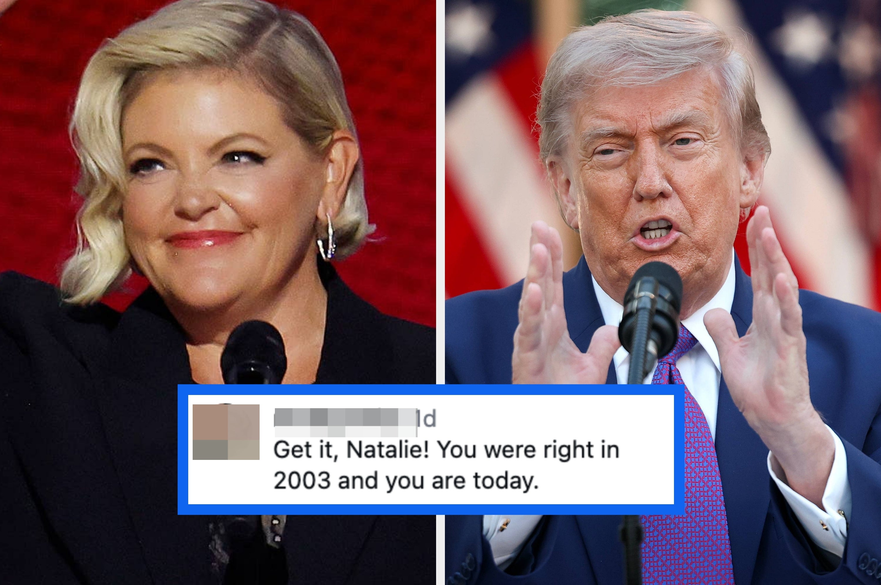 Woman in formal attire speaking at a podium; man next to her gesturing while speaking. Text box praises "Natalie" for being right in 2003 and today