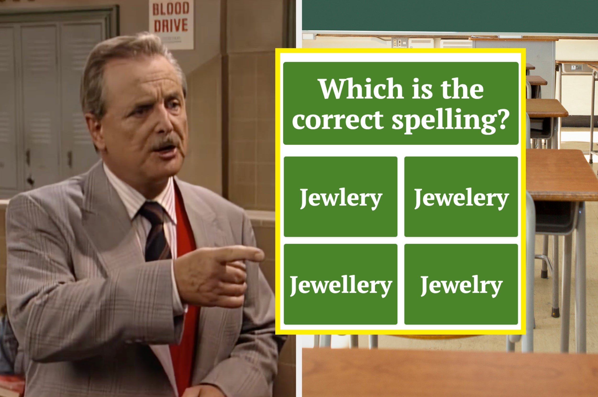 A teacher in a suit points at a board with a spelling quiz: Jewelry, Jewellery, Jewlery, Jewelery