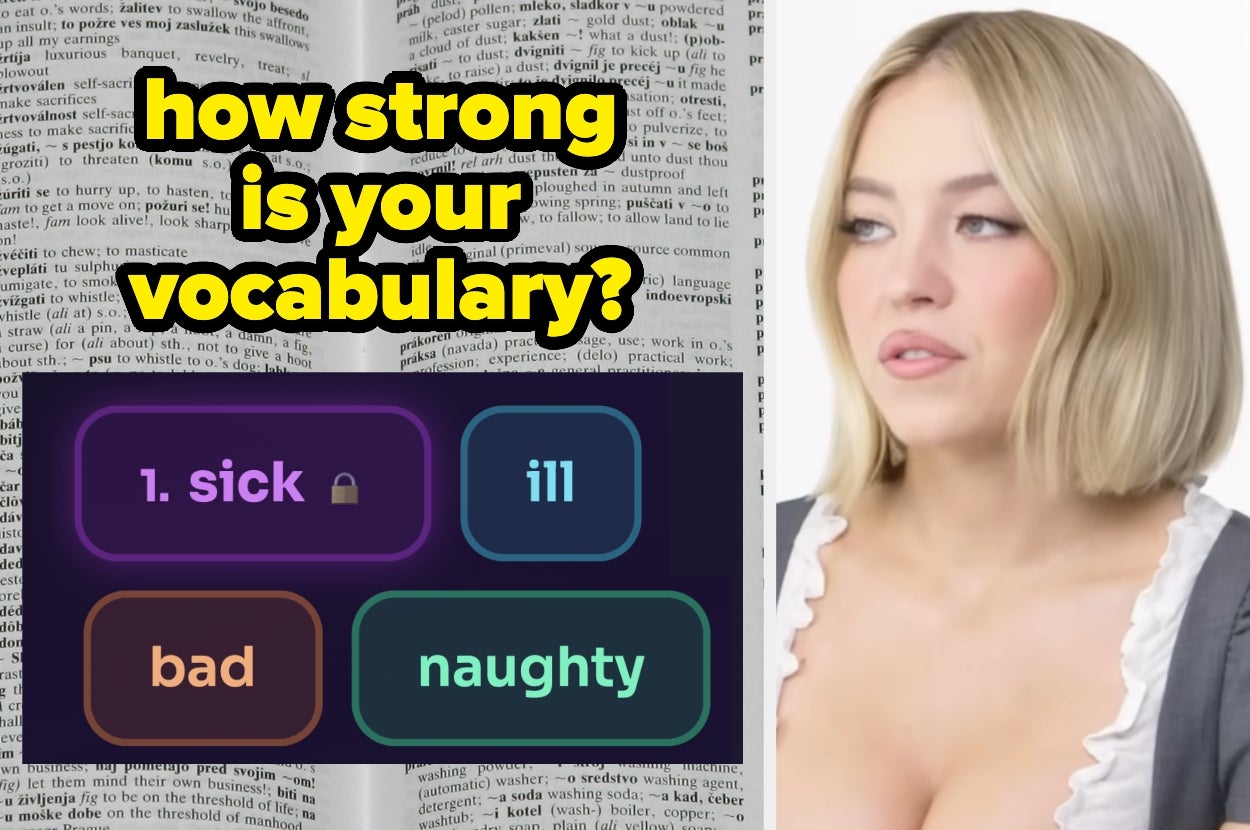 Person looking at a vocabulary quiz with options: sick, ill, bad, naughty. Background shows an open dictionary