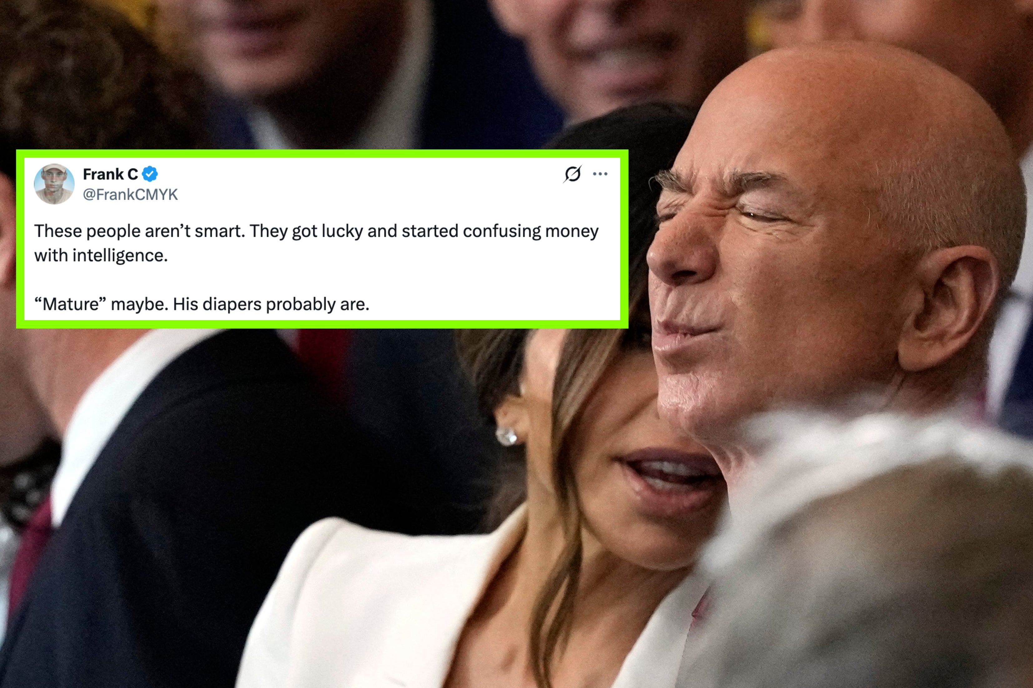 Jeff Bezos scrunching up his face with a tweet that reads "These people aren't smart. They got lucky and started confusing money with intelligence. 'Mature' maybe. His diapers probably are"
