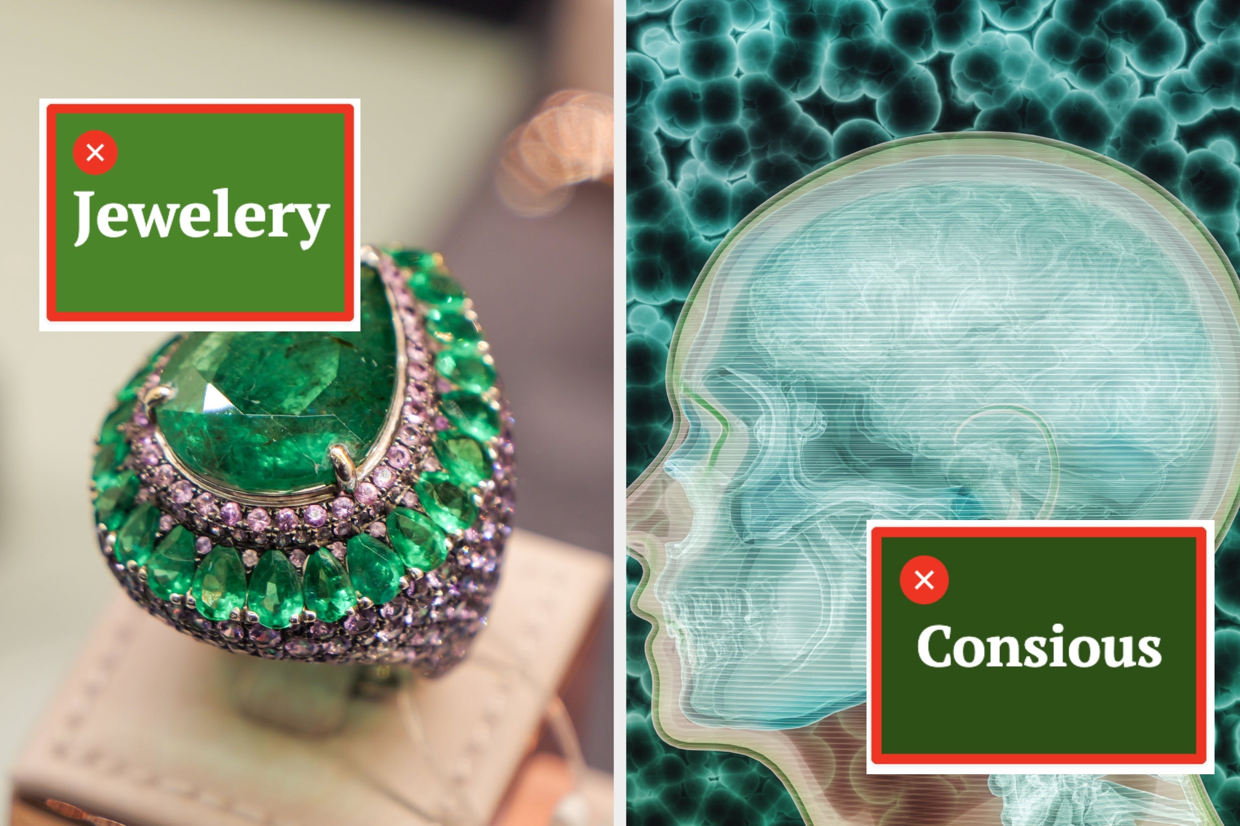 Split image: Left shows a large emerald ring, labeled "Jewelery," with a typo. Right shows a brain illustration, labeled "Consious," also with a typo