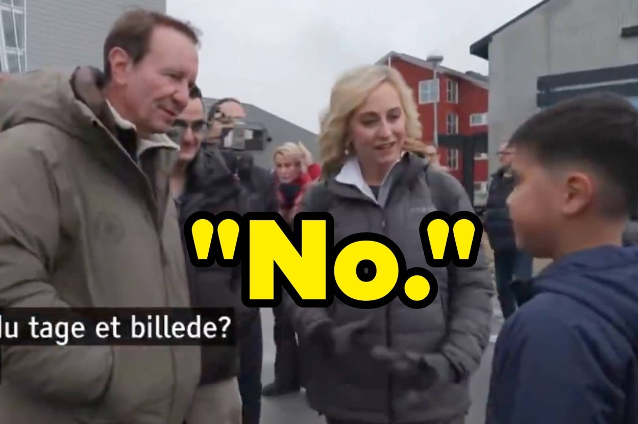 A group of adults, including a woman in a jacket, talk to a boy outdoors. The word "No." is bolded above a subtitle