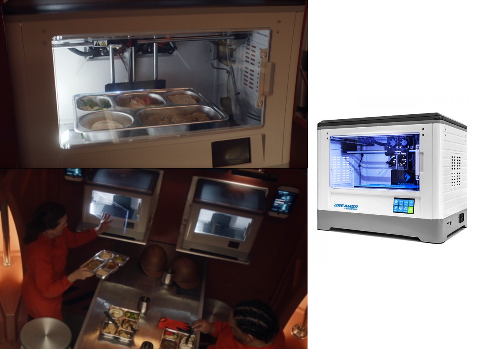 Images show a futuristic meal station with trays and a white 3D printer, suggesting advanced food preparation technology