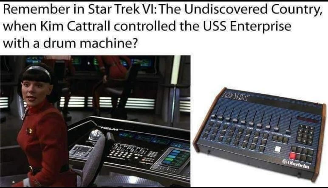Image of a Star Trek character by a control panel next to a drum machine. Text jokingly references Kim Cattrall controlling the Enterprise