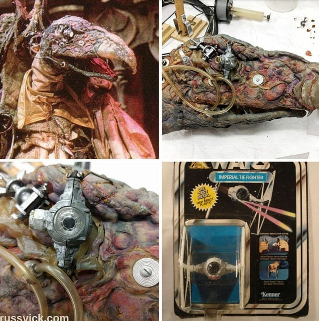  a detailed creature head and three close-up shots of mechanical elements and toy parts used in its design