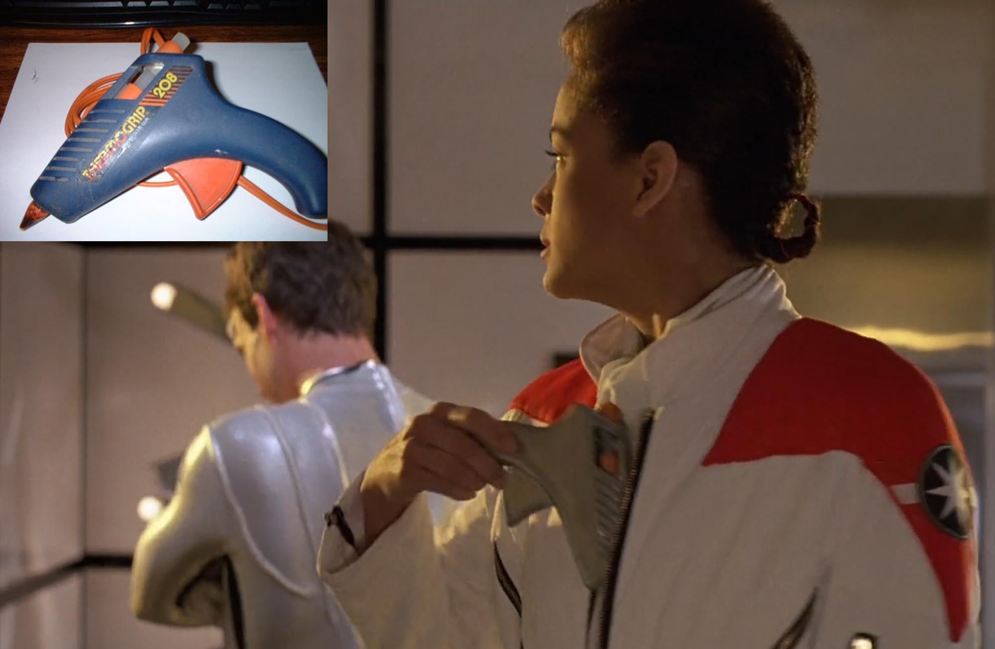 A person in a futuristic costume holds equipment; inset shows a glue gun