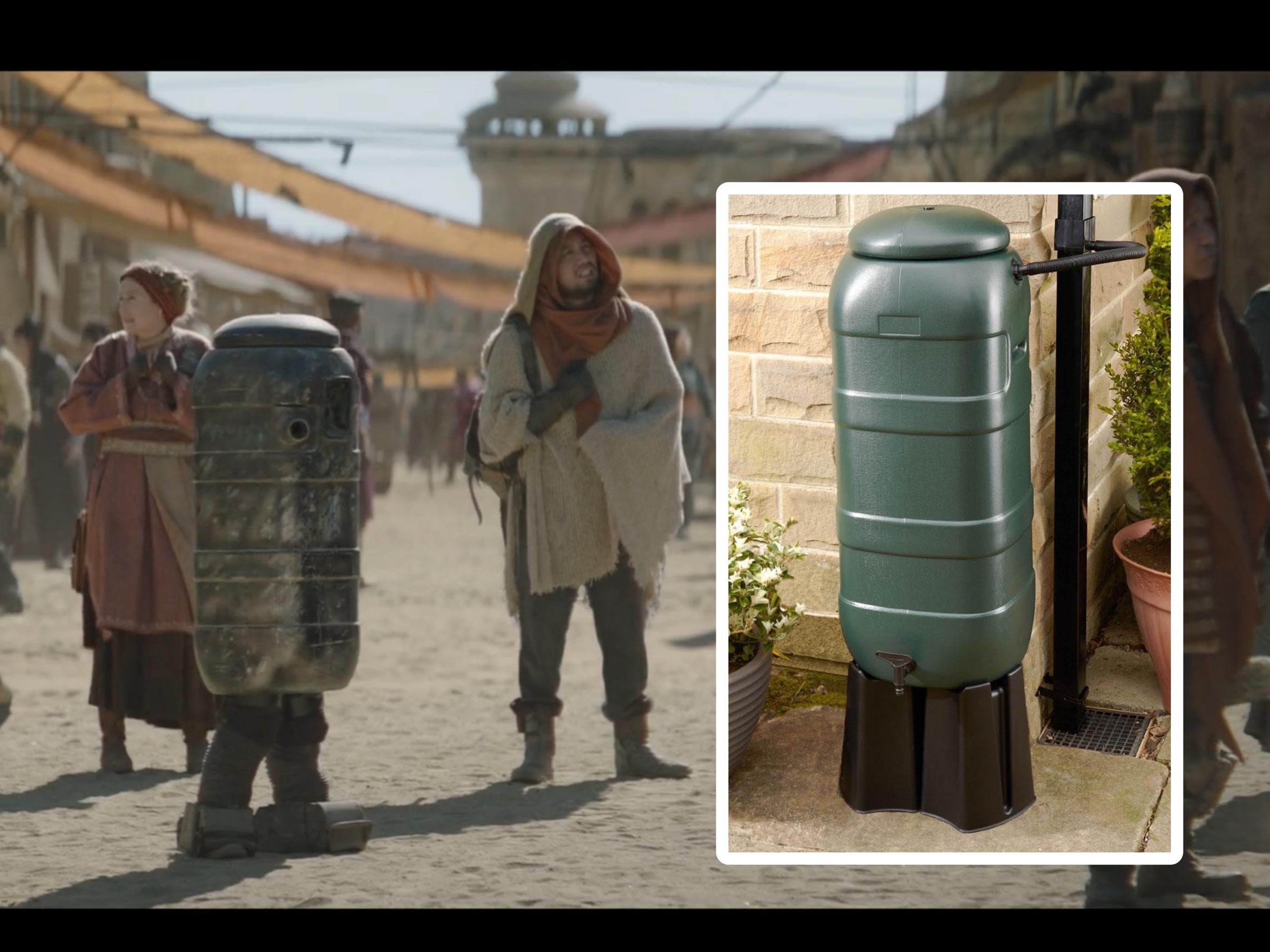 People dressed as water butts in a marketplace setting with an inset showing a real water butt
