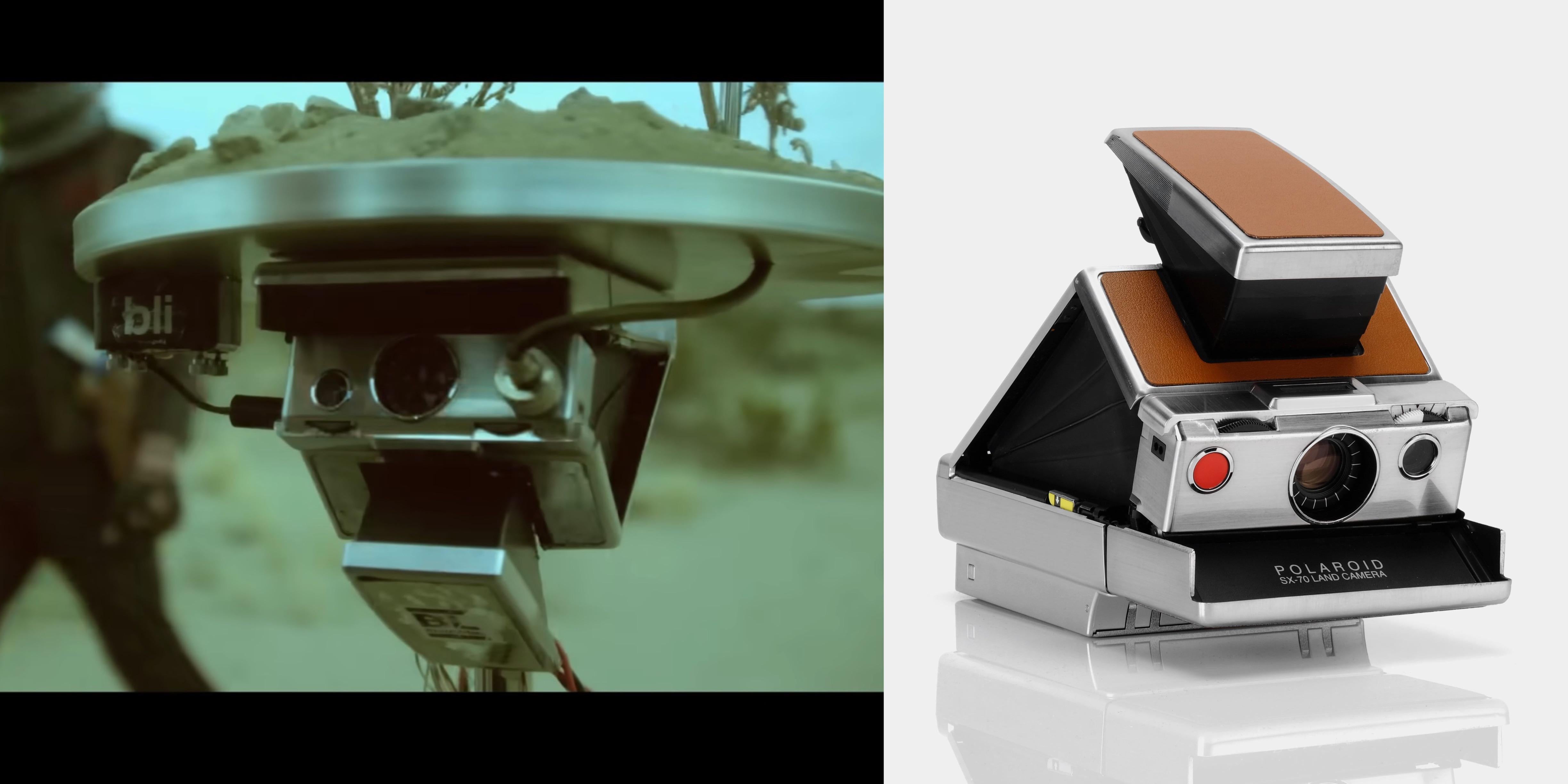 Side-by-side images of a vintage instant camera in use and a close-up of its design, showing its retro aesthetic and folding mechanism