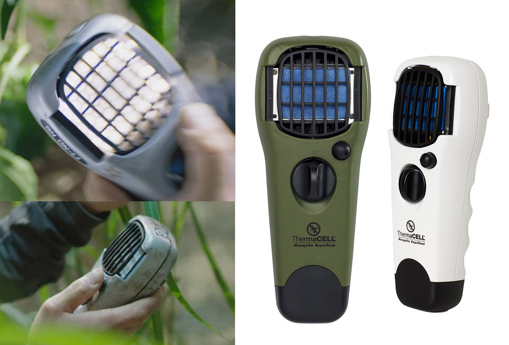 Hand holding a portable mosquito repeller in a garden; two repellers shown with black grilles