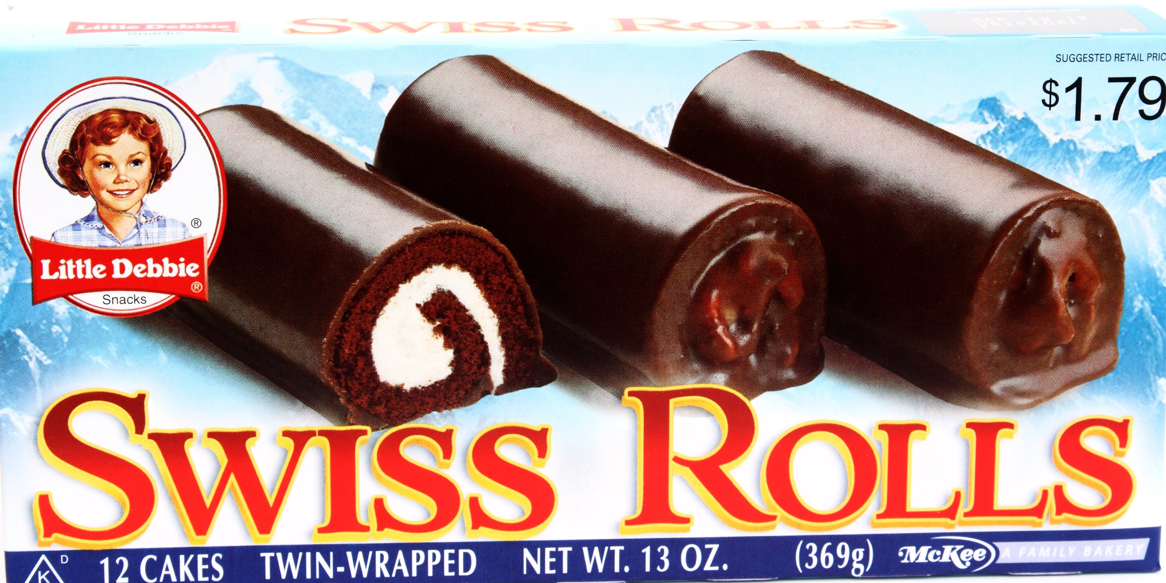 Little Debbie Swiss Rolls package showing three chocolate, cream-filled cakes; priced at $1.79 for 12 cakes, net weight 13 oz