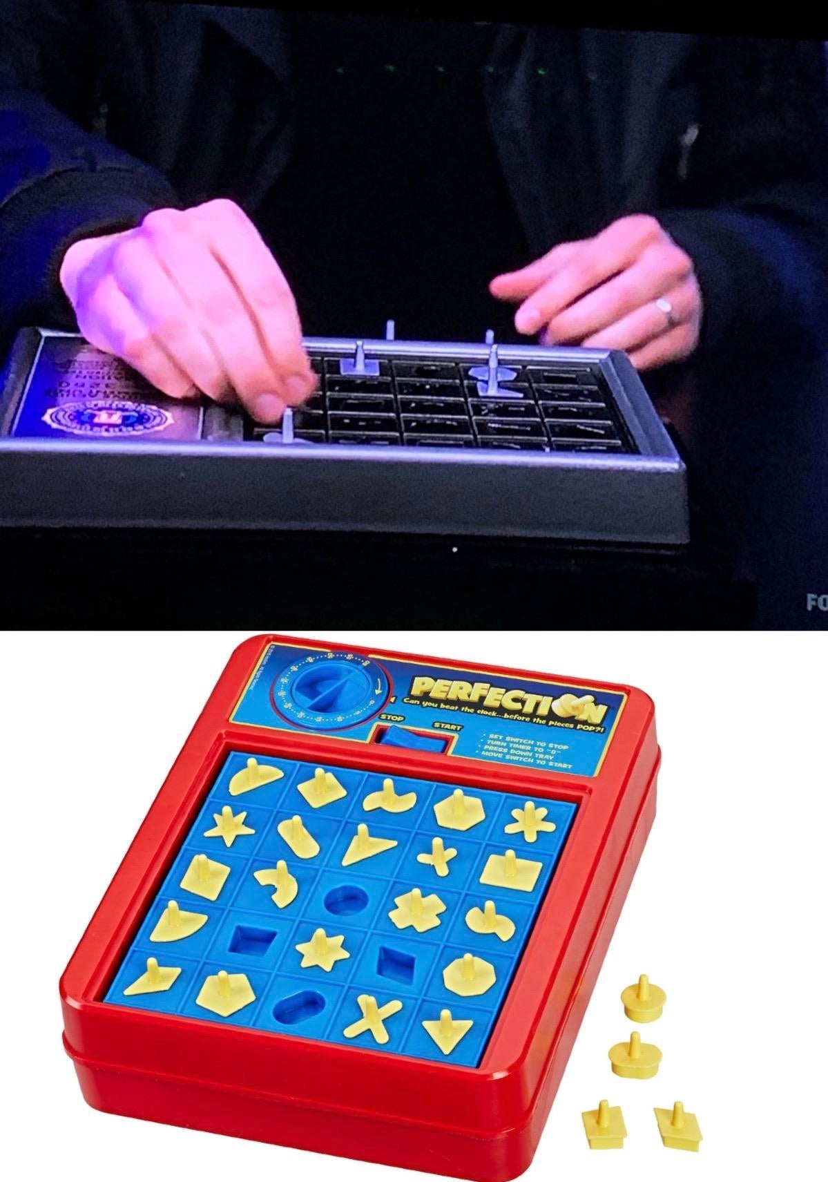 Person playing with electronic device; Perfection board game with yellow shapes