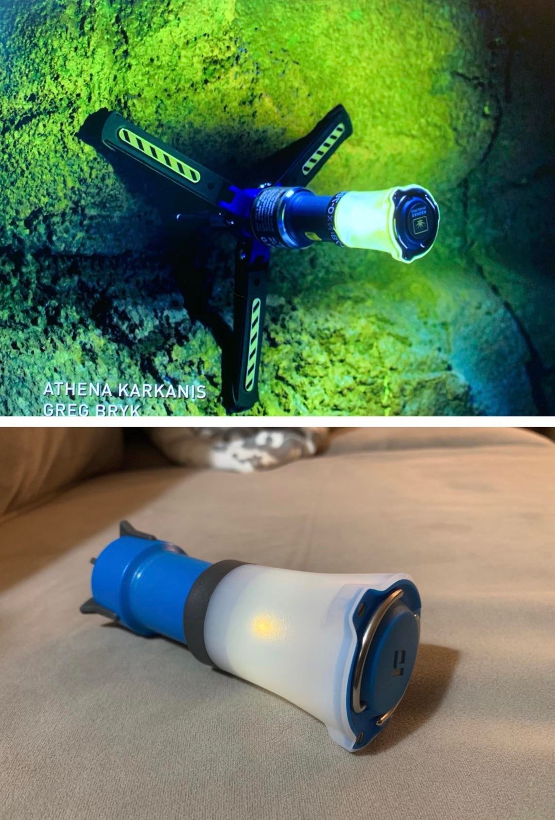  one mounted on a wall with a tripod, the other on a surface, unmounted