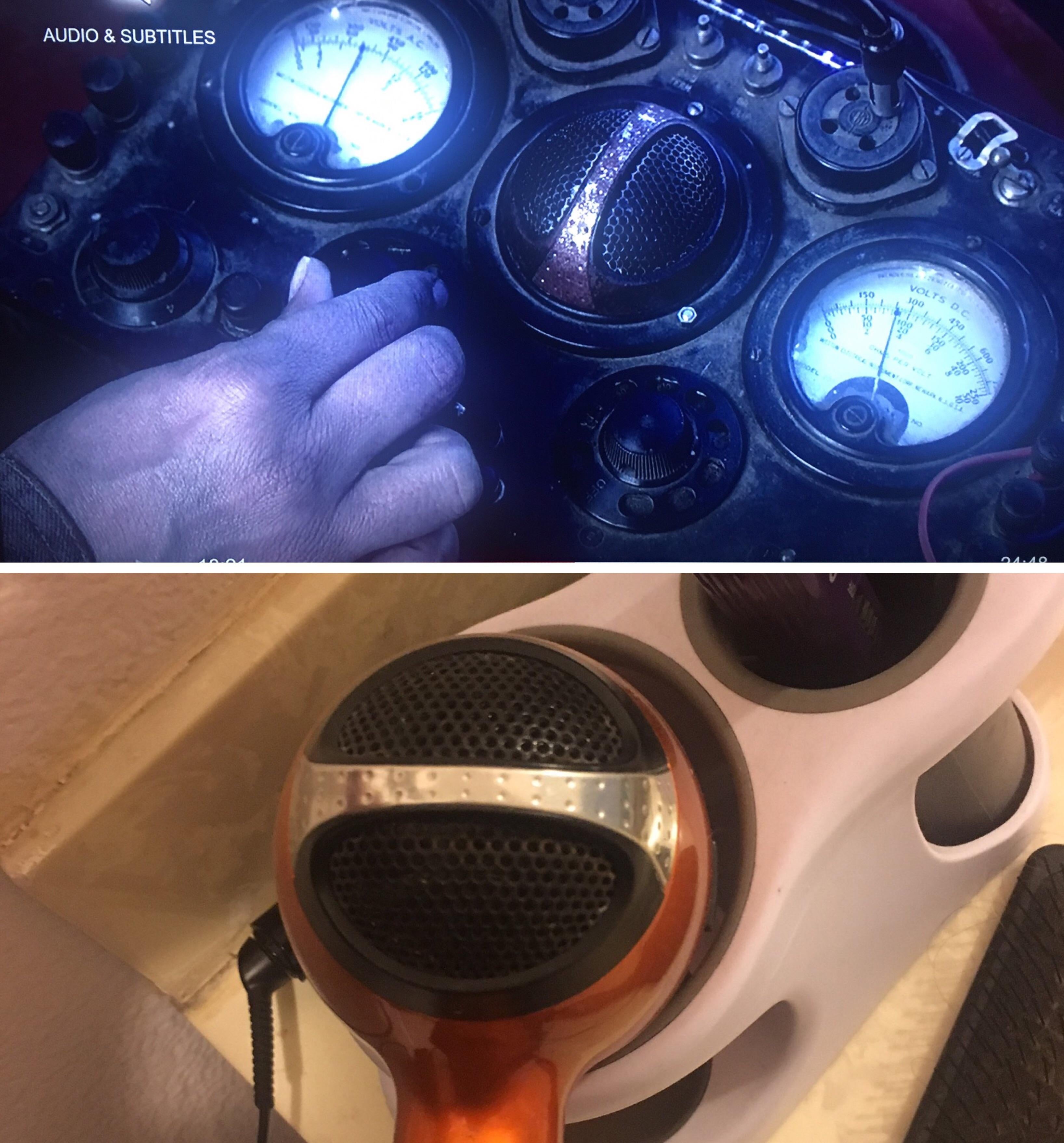 A hand operates vintage dials on a control panel; below, a close-up of a microphone