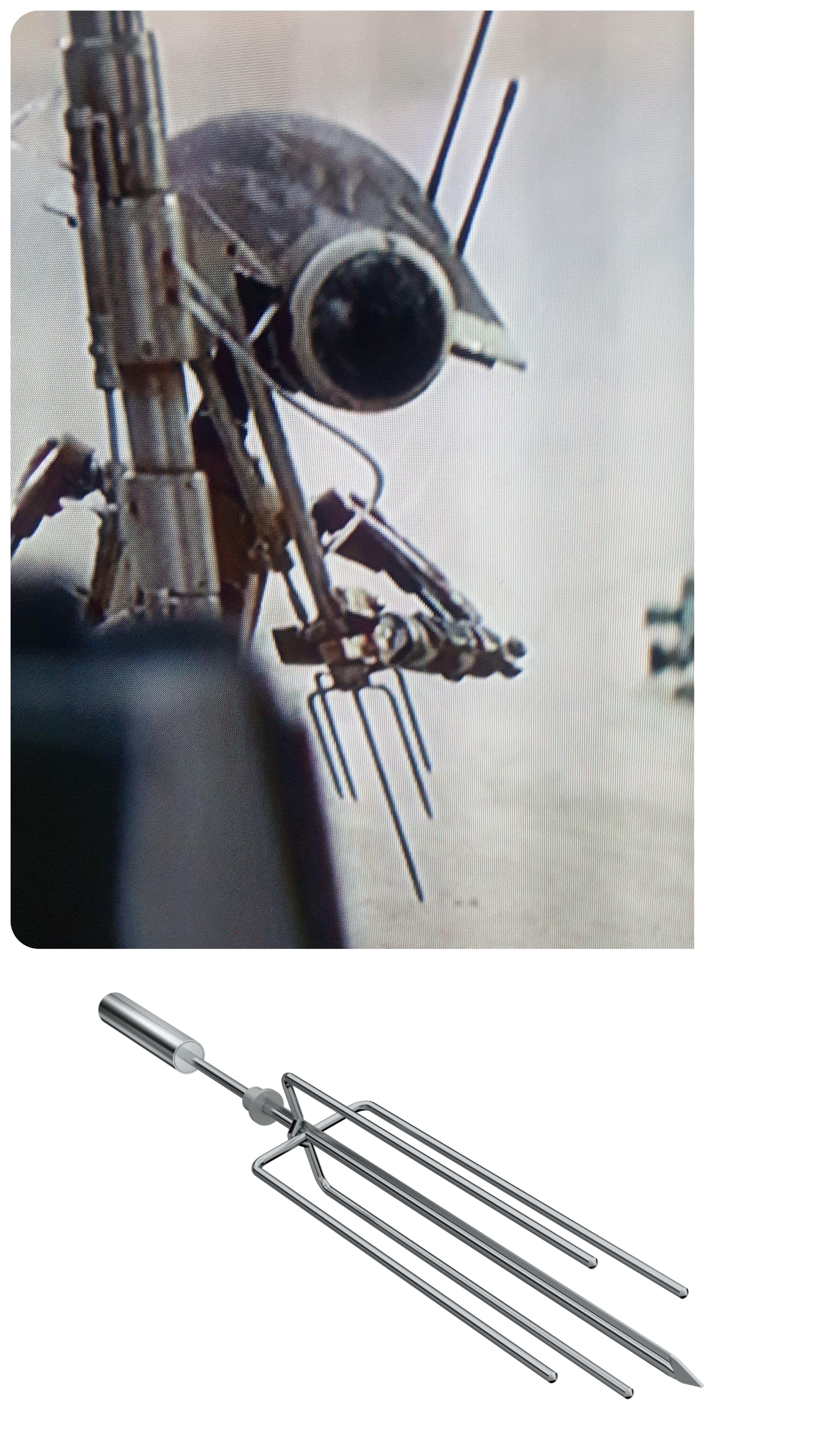 Science fiction robot and a kitchen whisk attachment, shown separately