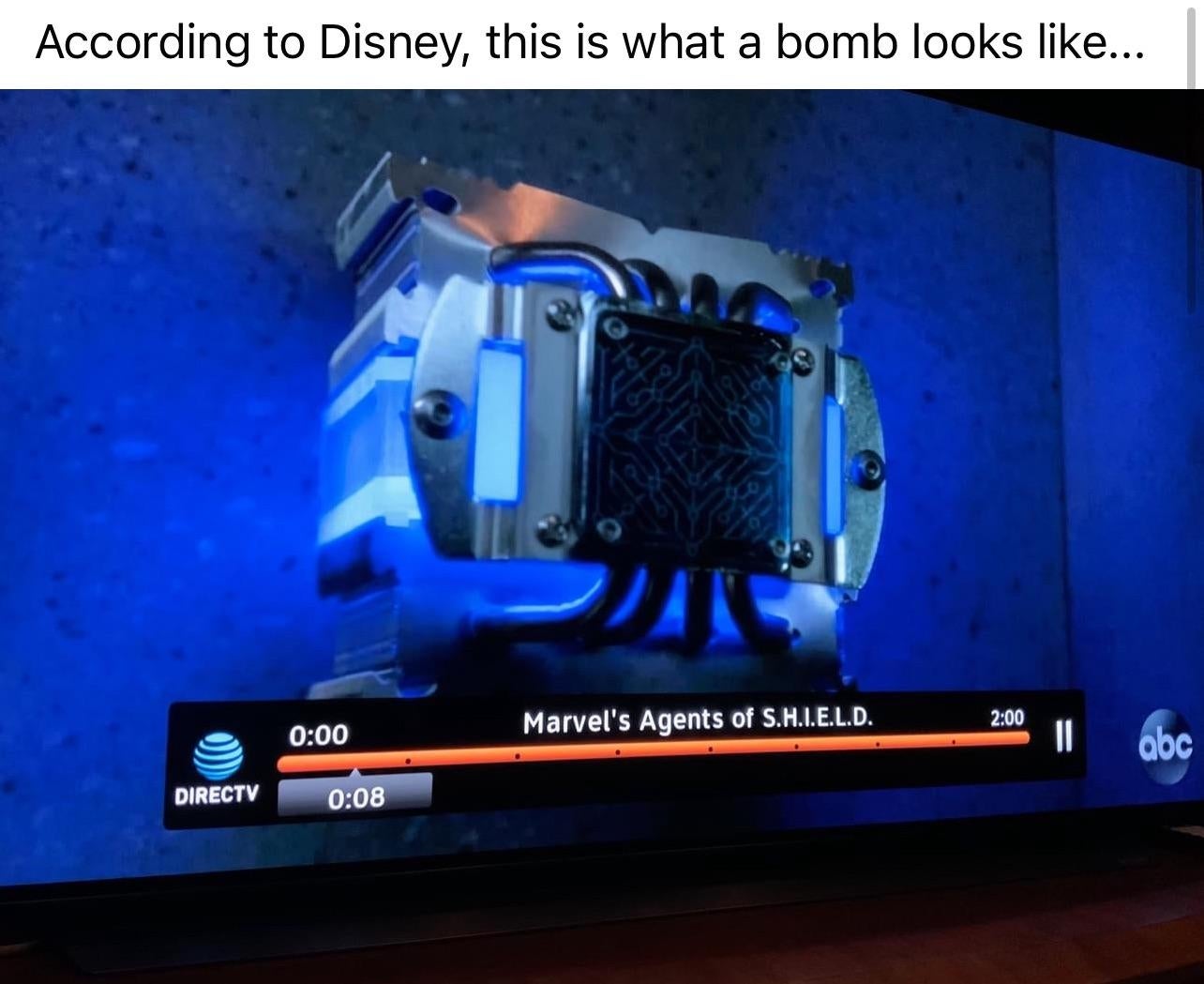 Television screen showing a blue prop bomb from "Marvel's Agents of S.H.I.E.L.D." with a caption about Disney