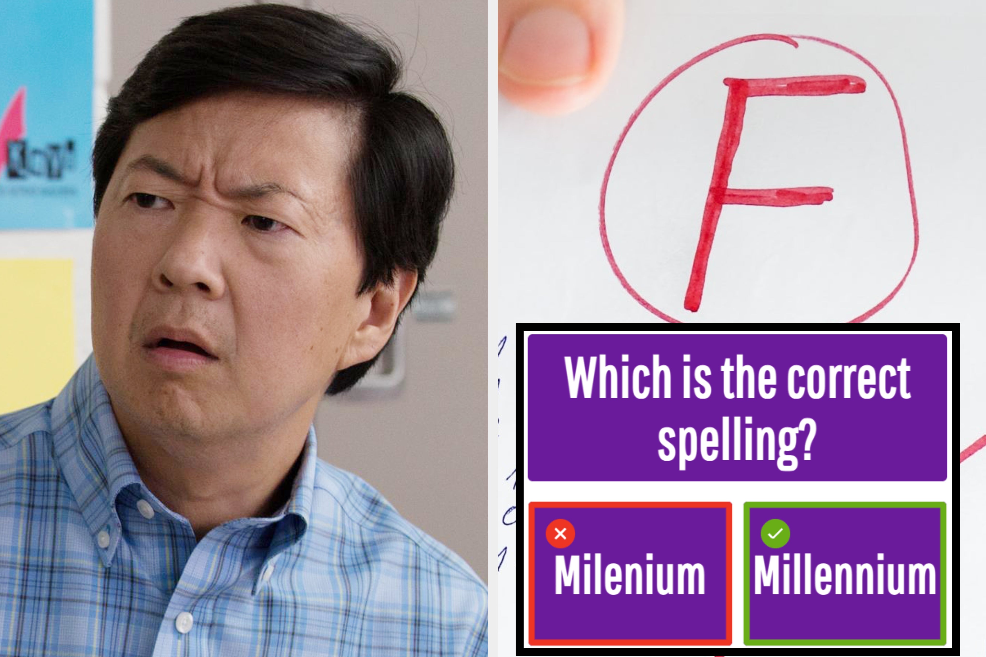 Person with surprised expression holds a paper displaying math problems marked with a red "F" grade