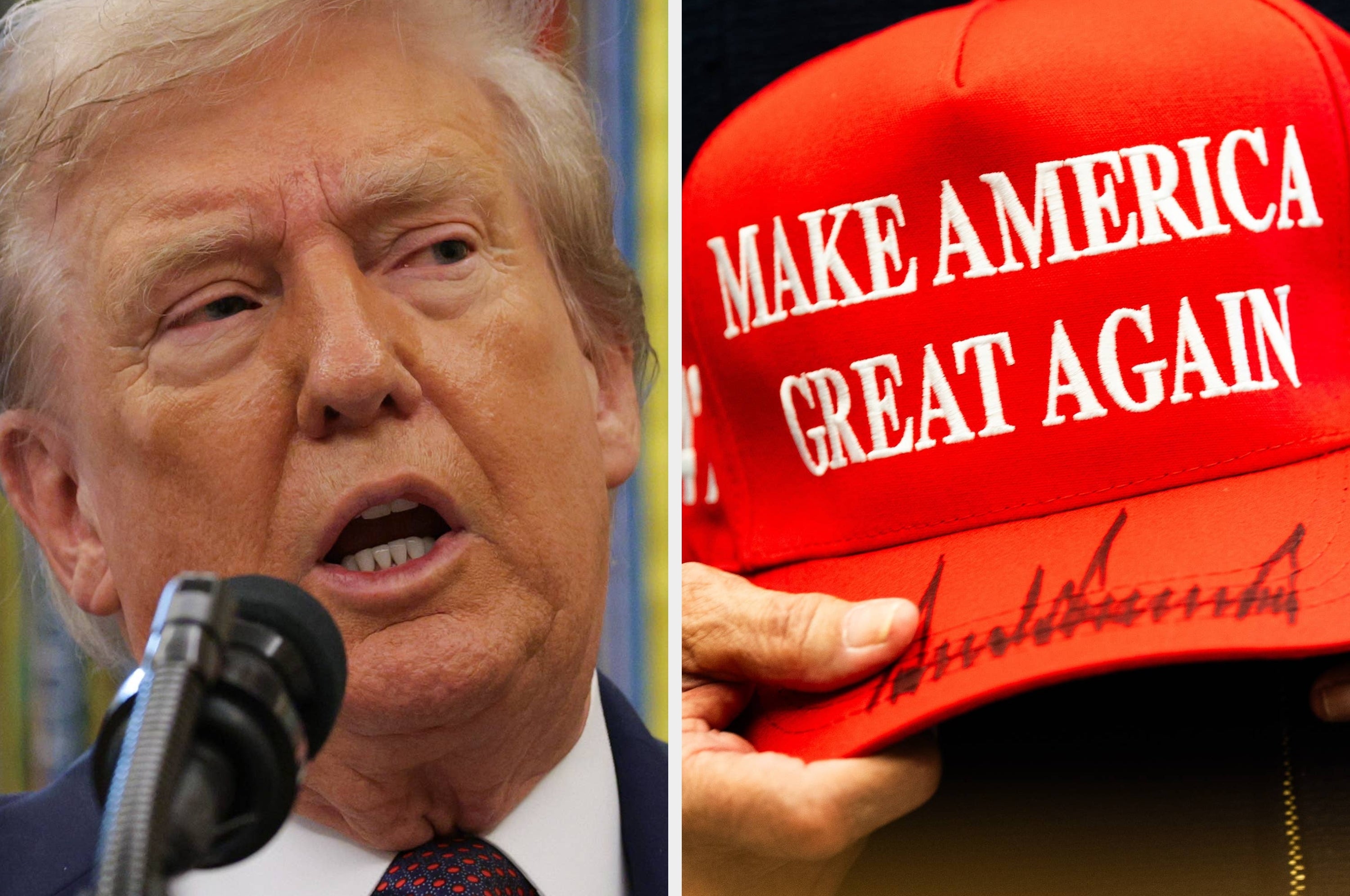 A person speaking at a microphone next to a red hat with "Make America Great Again" text. Caption: "I'm starting to get really sad and betrayed."