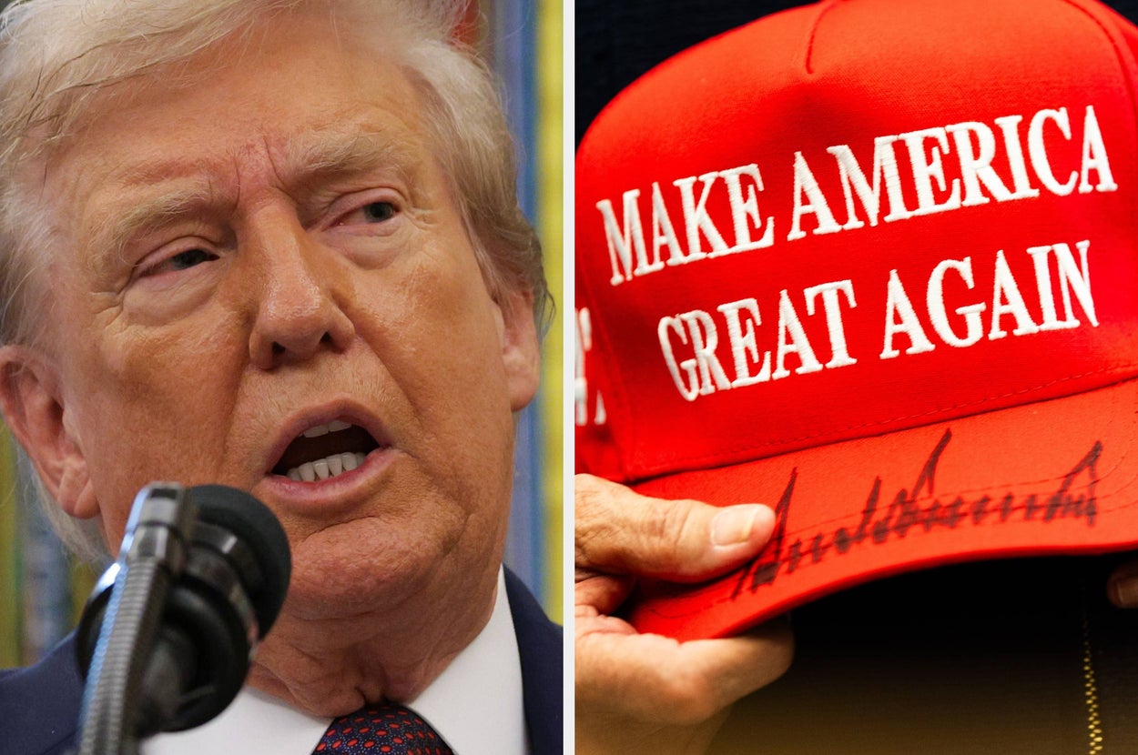 A person speaking at a microphone next to a red hat with "Make America Great Again" text. Caption: "I'm starting to get really sad and betrayed."