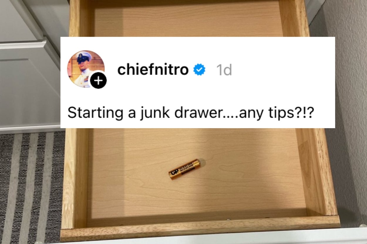 Open drawer with one battery inside; social media post above asks for tips on starting a junk drawer