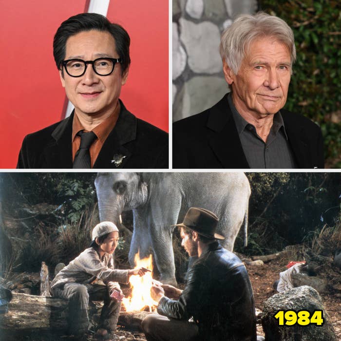 Two images of actors and a film scene from 1984 with an elephant