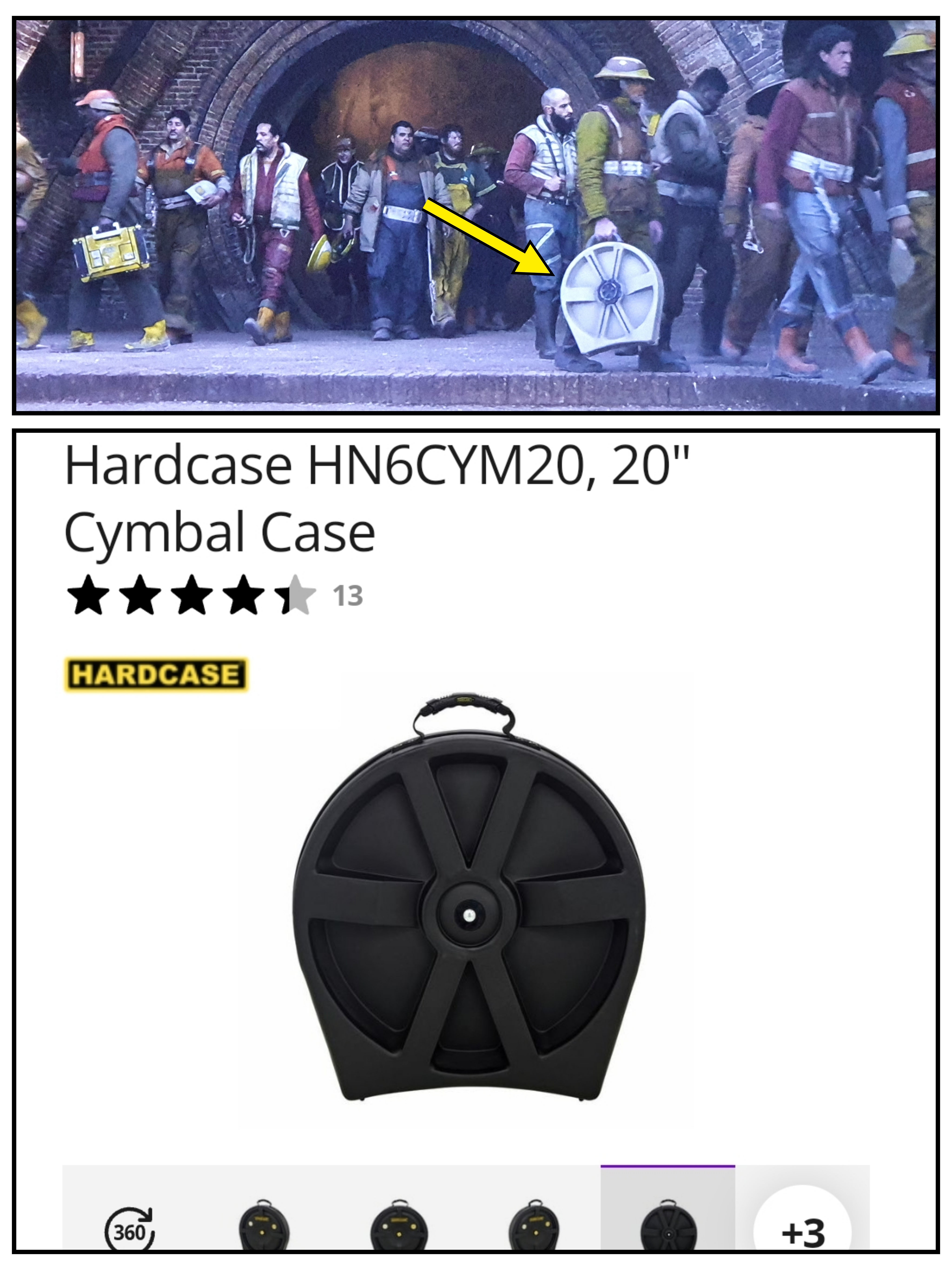 People carrying various objects walk in a tunnel. Below, an ad for a Hardcase 20" cymbal case is displayed with a five-star rating